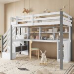 Lit mezzanine 90x200 cm - avec bureau et tagres - chelle de scurit 4 marches - bois massif + mdf ...