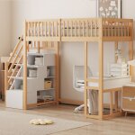 Lit mezzanine 90x200 cm avec bureau multifonctionnel et �chelle de rangement cadre de lit en pin massif ...