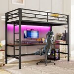 Lit mezzanine 90x200 cm avec bureau port usb lumi�res led lit superpos� 1 place en m�tal avec barri�re ...