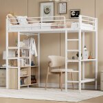 Lit mezzanine 90x200 cm avec bureau prises et usb �tag�res rangement ouvert structure en m�tal blanc