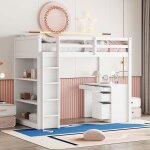 Lit mezzanine 90x200 cm - lit avec bureau rangements et �tag�res lit enfant combin� en bois blanc sans ...