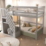 Lit mezzanine 90x200 cm cadre de lit simple en bois massif lit enfant avec placard de rangement gris Lit mezzanine 90x200 cm cadre de lit simple en bois massif lit enfant avec placard de rangement gris