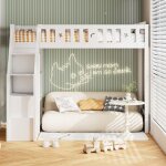 Lit mezzanine - blanc - 90x200 cm - avec chelle et tiroirs - en bois massif - 1 place