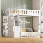 Lit mezzanine - 90x200 cm avec �chelle de rangement et �tag�res - lit simple en bois - cadre en bois ...