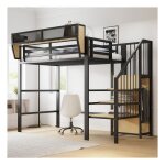 Lit mezzanine 90x200 cm avec �chelle de s�curit� et compartiment de rangement lit 1 personne en m�tallique ...