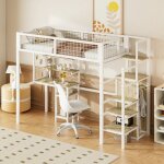 Lit mezzanine 90x200 cm avec chelle de scurit - lit enfant avec armoire  cadre en fer et table dordinateur ...