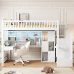 Lit mezzanine 90x200 cm - �clairage led - �chelle de rangement - bureau int�gr� - blanc