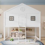 Lit mezzanine 90x200 cm lit enfant lit cabane avec protection antichute et rails structure en pin - blanc ...