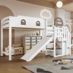 Lit mezzanine 90x200 cm lit enfant avec fen�tre avec toboggan escalier avec main courante avec 2 casiers ...
