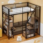 Lit mezzanine 90x200 cm avec escalier - lit enfant lit adulte avec rangements étagères - métal + mdf ... Lit mezzanine 90x200 cm avec escalier - lit enfant lit adulte avec rangements étagères - métal + mdf ...