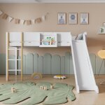 Lit mezzanine - blanc - 90x200 cm - chelle et toboggan - bois de pin et mdf - 1 place