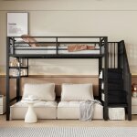 Lit mezzanine 90x200 cm - noir - �tag�res int�gr�es - �chelle de rangement - barri�re de s�curit�