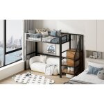 Lit mezzanine 90x200 cm avec étagère de rangement lit 1 personne lit enfant avec cadre en fer noir Lit mezzanine 90x200 cm avec étagère de rangement lit 1 personne lit enfant avec cadre en fer noir
