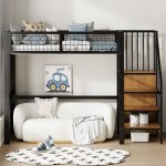 Lit mezzanine 90x200 cm avec étagère de rangement lit enfant avec cadre en fer lit 1 personne noir Lit mezzanine 90x200 cm avec étagère de rangement lit enfant avec cadre en fer lit 1 personne noir