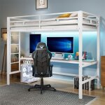 Lit mezzanine 90x200 cm avec led et ports usb - avec bureau et échelle - cadre en métal - blanc Lit mezzanine 90x200 cm avec led et ports usb - avec bureau et échelle - cadre en métal - blanc