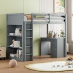 Lit mezzanine 90x200 cm - gris - bois massif - avec bureau et rangement - 1 place - montage facile