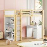 Lit mezzanine 90x200 cm avec meuble de rangement et bureau dordinateur - lit enfant bois de pin - couleur ...