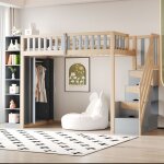 Lit mezzanine 90x200 cm en pin massif gris et bois naturel avec placard int�gr� �tag�res et �chelle s�curis�e ...
