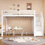 Lit mezzanine 90x200 cm lit avec sommier � lattes garde - corps marches escamotables espace libre blanc ...