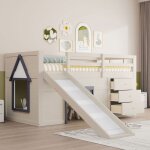 Lit mezzanine 90x200 cm avec toboggan lit enfant avec trois tiroirs et deux portes lit 1 personne mdf ...