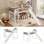 Lit mezzanine 90x200 cm avec toit et fentre avec chelle droite  trois marches - lit enfant avec toboggan ...
