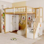 Lit mezzanine 90x200cm multifonction avec armoire �tag�res et escalier avec rangement lit 1 place - pin ...