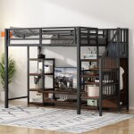 Lit mezzanine 90x200 - merax - m�tal & bois - support tv int�gr� - prise �lectrique - �chelle s�curis�e ...