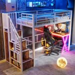 Lit mezzanine 90x200cm 1 place avec lumi�re dambiance avec bureau et armoire ouverte pour enfant adolescent ...