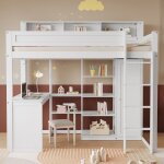 Lit mezzanine 90x200cm avec bureau et armoire et barrires lit enfant avec tagres et chelle rangement ...