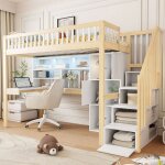 Lit mezzanine 90x200cm avec �clairage led lit enfant avec bureaulit 1 personne avec �chelle de rangement ...