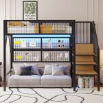 Lit mezzanine 90x200cm - avec �clairage led - avec escalier de rangement - avec penderie ouverte - noir(sans ...