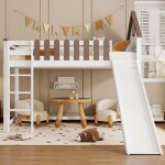 Lit mezzanine 90x200cm pour enfant avec escalier toboggan et barri�re de s�curit� - blanc