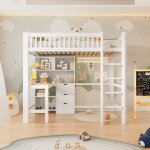 Lit mezzanine 90x200cm lit enfant avec rangements multiples lit simple avec �chelle + bureau + 3 tiroirs ...