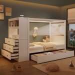 Lit mezzanine 90x200cm lit enfant avec sommier � lattes lit coffre aver 5 tiroirs lit simple avec �tag�re ...