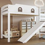 Lit mezzanine 90x200cm - avec fen�tre - avec toboggan - escalier avec rampe - bois massif + mdf - blanc ...