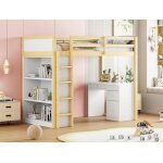 Lit mezzanine - naturel - 90x200cm - bois massif - avec bureau et rangement - 1 place Lit mezzanine - naturel - 90x200cm - bois massif - avec bureau et rangement - 1 place