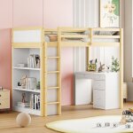 Lit mezzanine 90x200 avec bureau et rangements en bois blanc / naturel ? sans matelas
