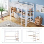 Lit mezzanine 90x200cm s�curis� en747 avec bureau & �tag�res - escalier avec rampe - structure m�tal ...