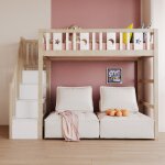Lit mezzanine 90x200cm lit simple avec escalier de rangement bois massif lit enfant garde - corps sommier ...