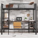 Lit mezzanine lit ado 90x200cm avec table et �tag�re avec �chelle quatre marches - noir + bois fonc�