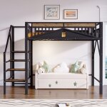 Lit mezzanine adulte 140x200 cm - avec �chelle s�curis�e et rangement - m�tal noir - 2 places - hauss ...