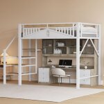 Lit mezzanine adulte 140x200 cm - escalier scurit avec rangement - 2 places - mtal blanc - sommier ...