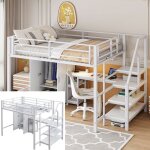 Lit mezzanine adulte 140x200 - placard intégré bureau & escalier rangement charge 150kg blanc Lit mezzanine adulte 140x200 - placard intégré bureau & escalier rangement charge 150kg blanc