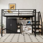 Lit mezzanine adulte 140x200 - placard intégré bureau & escalier rangement charge 150kg noir Lit mezzanine adulte 140x200 - placard intégré bureau & escalier rangement charge 150kg noir