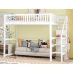 Lit mezzanine - blanc - 140x200cm - armoire intégrée - Échelle de sécurité - structure en bois Lit mezzanine - blanc - 140x200cm - armoire intégrée - Échelle de sécurité - structure en bois