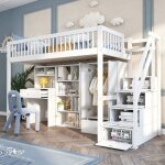 Lit mezzanine - langtu - 90x200 cm - blanc - avec bureau tiroirs et armoire - bois massif & mdf