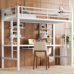 Lit mezzanine blanc 90x200 cm cadre m�tal avec bureau + 2 �tag�res - enfant / ado / adulte - sans matelas ...