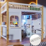 Lit mezzanine en bois 140 x 200 cm avec bureau et compartiment de rangement lit simple avec lumi�res ...