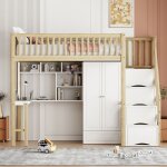 Lit mezzanine bois 90x200 cm lit enfant lit simple lit loft avec table tagres tiroirs armoire et escalier ...