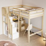 Lit mezzanine avec bureau et rangement - 90x200 cm - bois naturel - �chelle de s�curit� - bureau int�gr� ...
